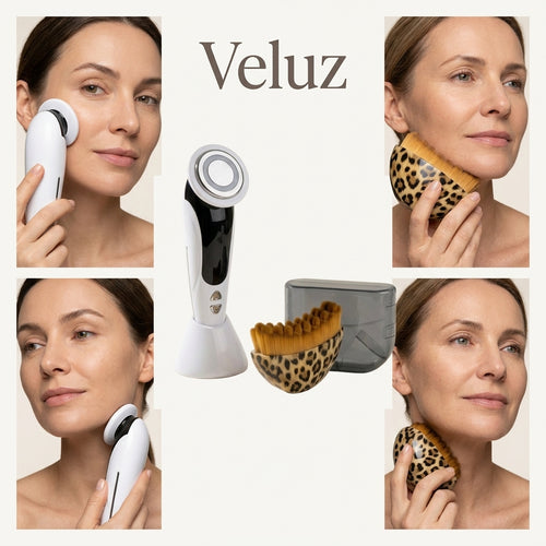Veluz Dúo: el dispositivo facial y el cepillo de contorno, con la rutina aplicada en el pómulo, la mandíbula y el cuello